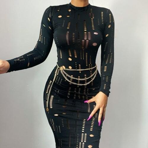Wsevypo Women Holes Hollow Out Bodycon Dress Solid Color Autumn Office Lady Round Collar Long Sleeve Wrap Sheath Dress Clubwear