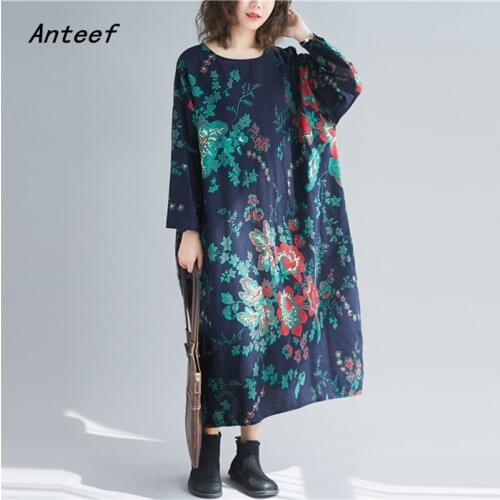 Long sleeve plus size cotton linen vintage floral casual loose spring autumn elegant dress women clothes 2021 ladies dresses