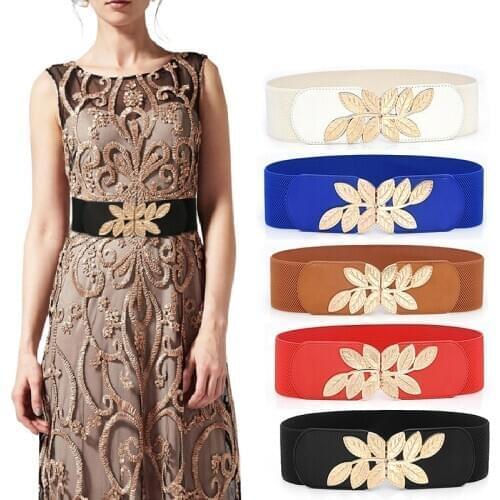 1Pcs Vintage Carved PU Leather Wide Belt Gold Leaves Decoration Women Elastic Belt Slimming Belt Stretch Wrap Buckle Waistband