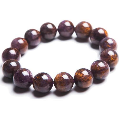 15mm Natural Purple Cacoxenite Gold Hair Rutilated Quartz Crystal Clear Round Beads Bracelet Men Women Stretch Charm Bracelet