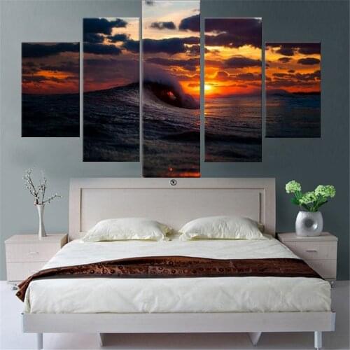 5 Pieces Wall Art Canvas Painting Seascape Beautiful Sunset Poster Modern Home Bedroom Decoration Home Frame Modular Picture