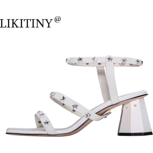 LIKITINY 2021 Summer Fashion High heels Womens party shoes Ankle strap Elegant Strange Style Heels Yellow White rivets Sandals