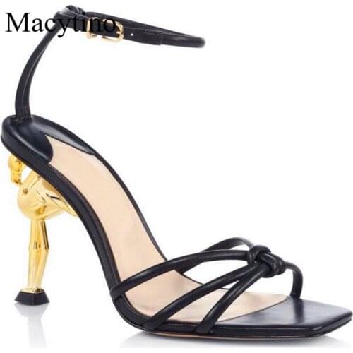 Fashion Unique Flamingo Strange High Heel Sandals Women Knitted Narrow Band Ankle Strap New Design Summer Runway Shoes Woman