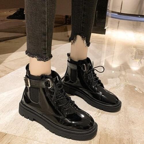 Fashion Zipper Flat Shoes Woman High Heel Platform PU Leather Boots Lace Up Women Shoes Black Ankle Boots Girls 35-40