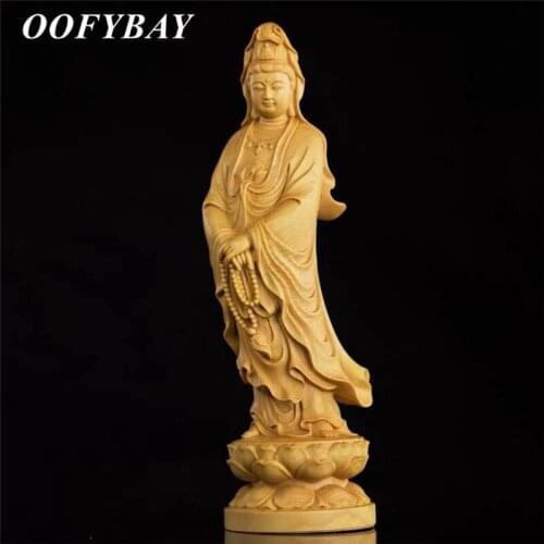 Solid Wood Guanyin Statue Chinese Feng Shui Ornaments Car Crafts Office Desktop Buddha Sculpture Home Decoration Furnishings