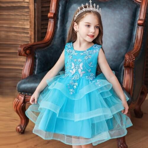 Girl wedding blue children dress applique beaded sleeveless A-line puffy dress girl birthday party dress childrens prom costume