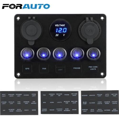 FORAUTO Car Marine LED Rocker Switch Panel Waterproof Digital Voltmeter Dual USB Port 12V Outlet Combination