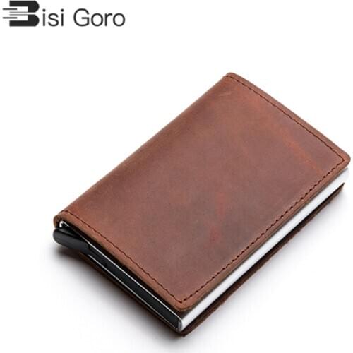 BISI GORO 2021 Real Leather RFID Card Holder New Card Case Clutch Pop-up Wallet Genuine Leather Aluminum Box Slim Thin Smart