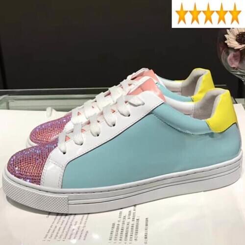New Womens Diamonds Bling Fashion Gitter Real Patent leather Casual Sneakers Lace Up Round Toe Mixed Colors Female Flats Shoes