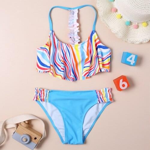 New Summer Kids Bikini Sets for teen Girl Swimwear Colorful Striped Split Swimsuit Children Girls Beach wear 7~14Year