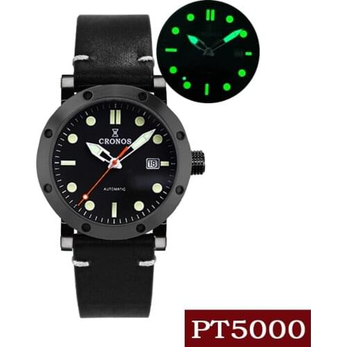 Cronos Men Watches DLC Coated Case Stainless Steel PT5000 See Through Back Black Glow Hands Automatic Self Wind Skeleton Watch