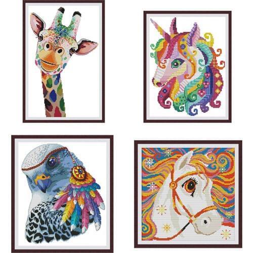 Colorful animal giraffe horse eagle count cross stitch kit 14ct printed cross stitch kit needlework embroidery DIY hand-stitched