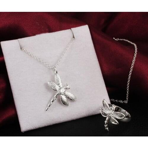 Popular brands Women Party wedding Jewelry set 925 sterling Silver Crystal dragonfly pendant necklace rings Fashion fine gifts