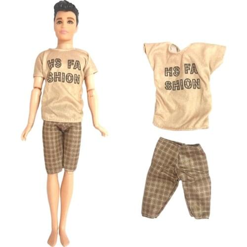 1 Set Daily Casual Round Neck Suit Sleeve Split Brown T-shirt Fashion Pants Shorts For Ken Doll Boy Accessories 017A