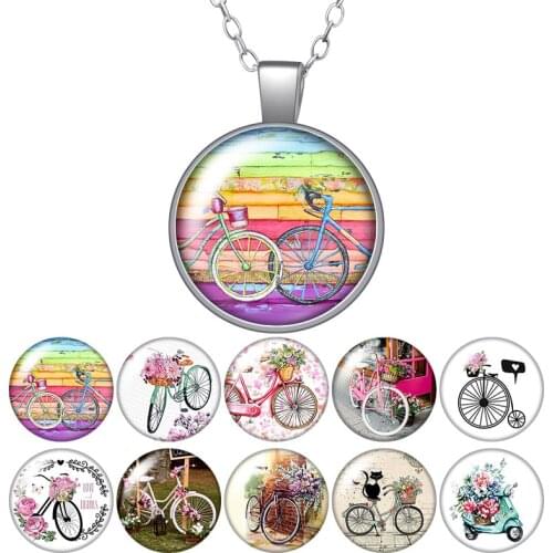 Leisure bicycle Flowers journey Round Pendant Necklace 25mm Glass Cabochon Women Girl Jewelry Party Birthday Gift 50cm