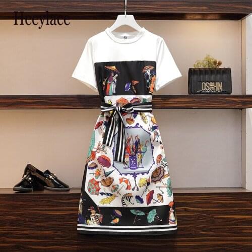 Dress Women Plus Size Summer 2021 New Korean Style Round Collar Short Slleeves Print Stitching Elegant Female Midi Dresses
