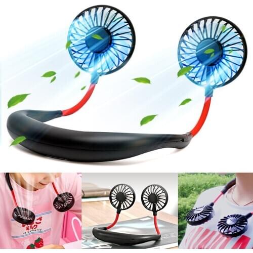 Portable Mini Hand Free small fan battery mini portable fan with colorful lights two fans Hanging around neck for outdoor sport