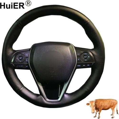 Hand Sewing Car Steering Wheel Cover Top Layer Cow Leather Volant For Toyota Camry 2018 - 2019 RAV4 2019 Avalon 2018 2019 2020