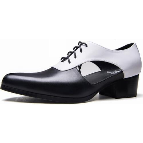 Summer Men Pointed Toe Lace Up Genuine Leather Sandals Block Med Heels Office Work Shoes Design Casual Hollow Out Sandals White