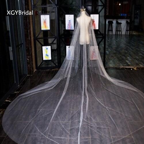Long Tail New Arrival Wedding Veils Gold Sequins Cathedral Style White Polyester With Comb For Marriage Bridal Accessories