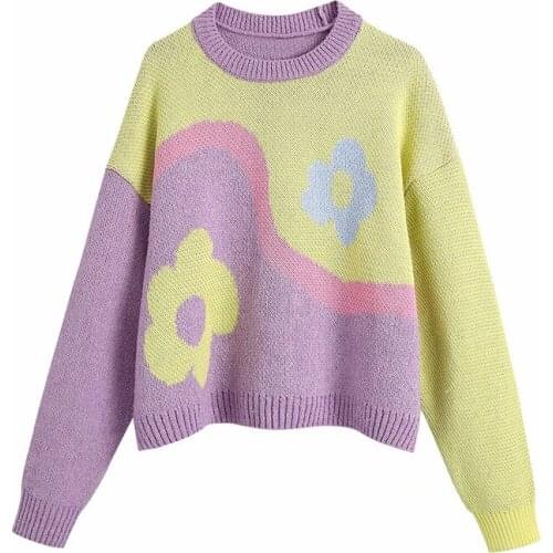 Evfer Chic Ladies Fashion Contrast Knitted Flower Spring Autumn Knitted Pullover Women 2021 Za O-Neck Long Sleeve Casual Sweater