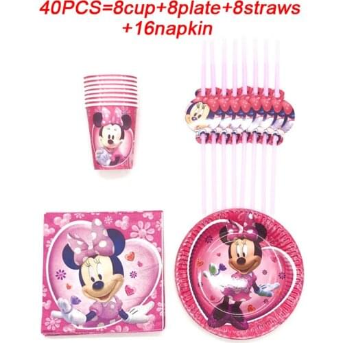 Beautify Disney Minnie Mouse Birthday Party Supplies Pink Napkins Disposable Cup Plates Straws Tableware Baby Shower Party Decor