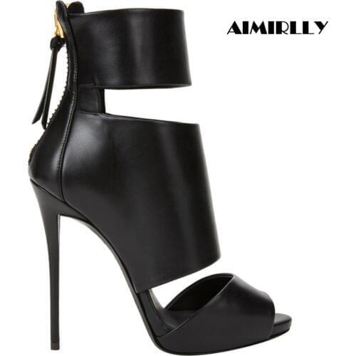 Women Peep Toe High Heel Ankle Boots Cutout Back Zipper Booites Autumn Female Footwear Evening Party Shoes Black