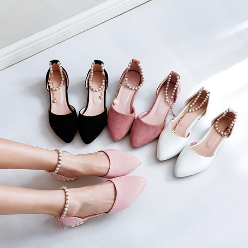 YMECHIC Summer 2018 Lady Low Heels Wedding Shoes White Pink Bride Ankle String Bead Pumps Women Shoes Casual Pumps Plus Size
