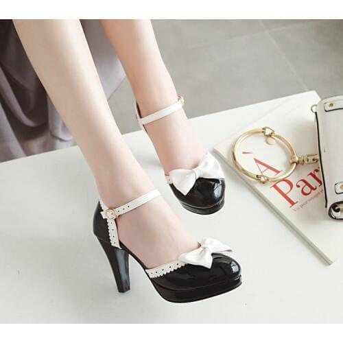 Big Size ladies high heels women shoes woman pumps Sweet bowtied shoes with thick heels