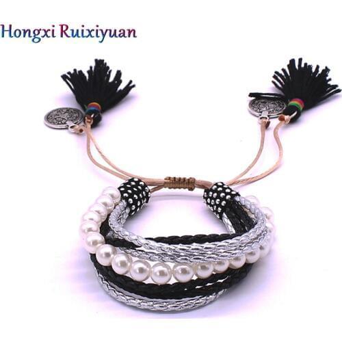 Jewelry Leather Bracelet Fashion Handmade Beaded Active knot Bracelet Multilayer Leather Rope Wrap Fringe Bracelets for Women