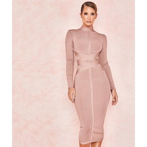 Slim Long Sleeve Cross Strap Bandage Dress For Women Mock Neck Ribbed Knit Striped Solid Midi Skinny Femme Dress