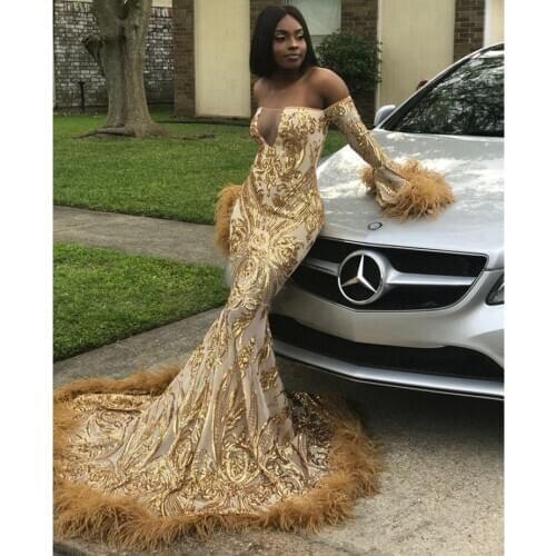 2019 Gold Feathers Prom Dresses Mermaid Off The Shoulder Sweep Train African Black Girls Prom Party Gowns Plus Size DP0495