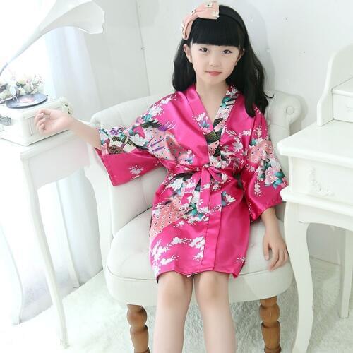 Girl bathrobe peacock wedding flower girl robe kimono stain silk night dresses for children summer sleepwear pajamas kid clothes