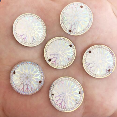 White 20PCS AB Resin 20mm Round Flatback Flower Rhinestone Wedding Button 2 Hole F259*2
