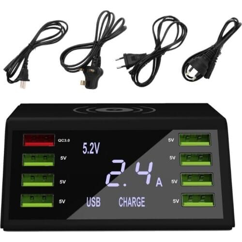 Qi Wireless Fast Charger with Voltage Current Display for iphone samsung mobile phone tablet 60W QC 3.0 Quick Charge 8 USB Ports