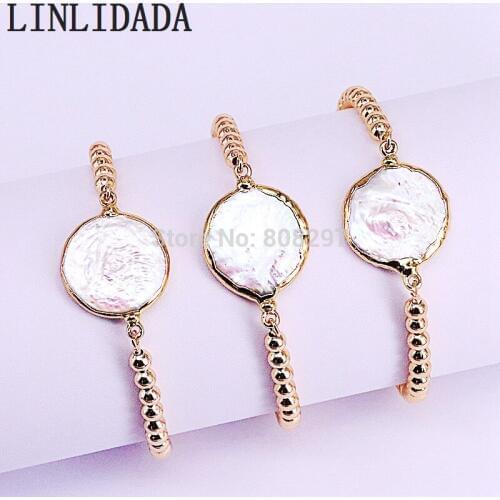 6Pcs Gold Color Nature Pearl Round Connector With 4mm Round Loose Beads Chain Adjustable Bracelet For Women