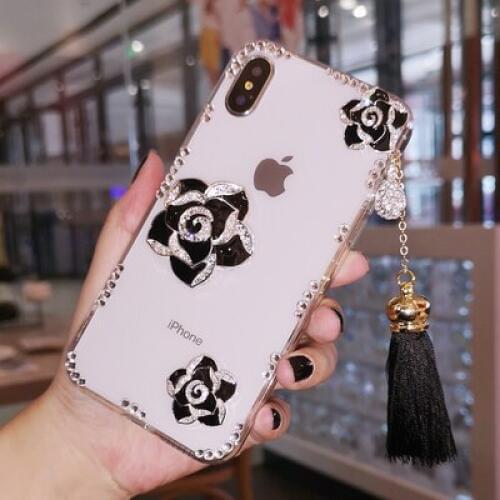For iPhone 12 11 Pro Max X XS MAX XR Tassel pendant Cover For IPhone 7 8 6 6S PlusCute glitter Rhinestone flower pearl soft case