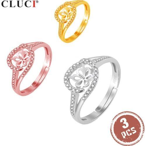 CLUCI 3pcs 925 Sterling Silver Classic Women Zircon Rings Jewelry Silver 925 Pearl Ring Mounting Oval Adjustable Rings SR2129SB