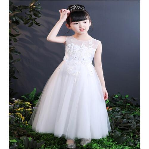 Flower Applique Wedding Long White Lace Baby Dress Elegant Party Birthday Princess Host Costume Teenage Kids Dress Girl WGCK2918
