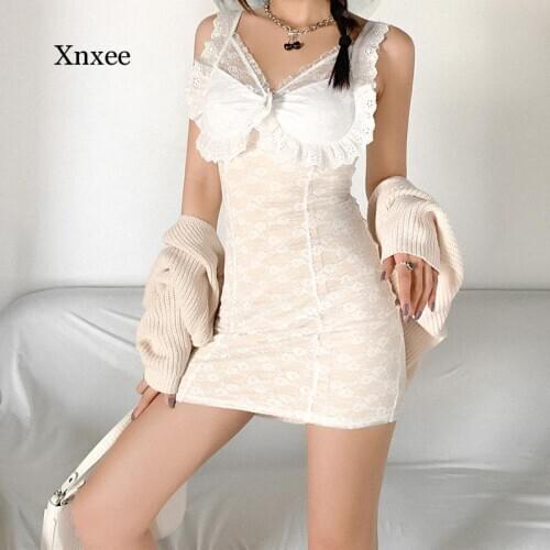 France Lace White Embroidery Women Lolita Dress Vintage High Waist Women V-Neck Sexy Dresses Fashion Sweet Girl Ruffles Vestidos