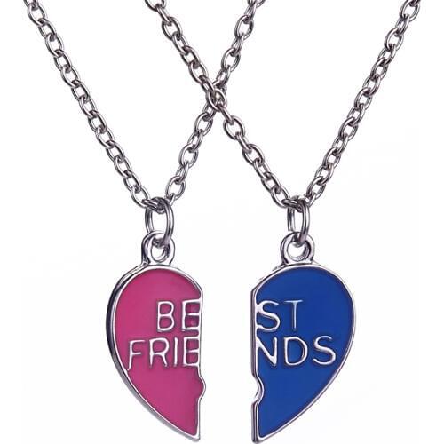 Hot Heart Broken Style 2-Piece Pendant Necklace Best Friends Forever blue and red Necklace Heart Letters Necklace Gift For Girl