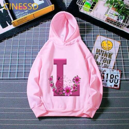 Kawaii Kids Clothes Alphabet L Letter Print Pink Hoodies Harajuku Flower Music Sweatshirt Harajuku Children Clothing Tracksuit