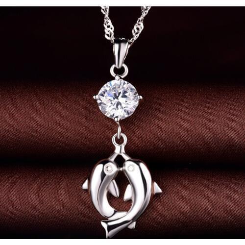 LIAMTING Elegant Pure Silver Double Dolphins Pendant Necklace With 6MM CZ For Women New 925 Sterling Silver Chains Jewelry VA010