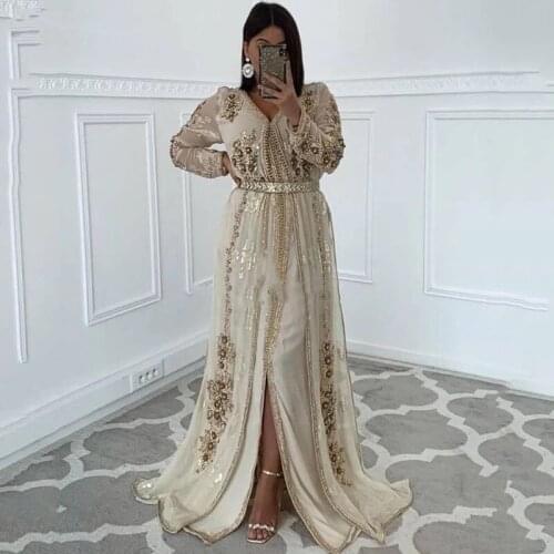 Moroccan Kaftan Caftan Muslim Evening Dresses A-line Long Sleeves Chiffon Appliques Bead Dubai Arabic Turkey Abaya Islamic Gown