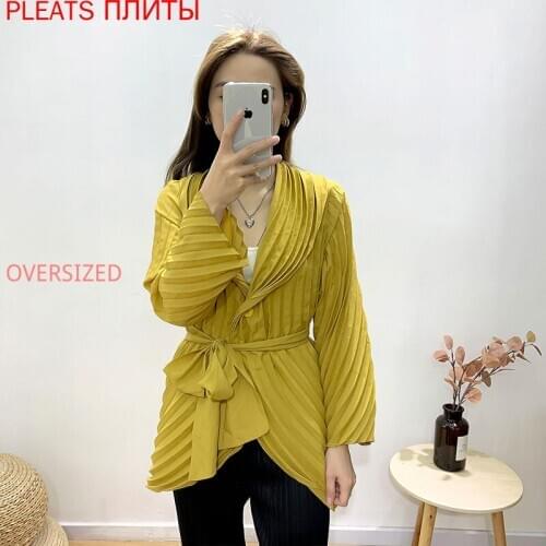 Miyake Fold Heavy Industry Jacket 2021 Spring and Summer New Temperament Lapel Long-sleeved Tie-up Jacket Women Cardigan