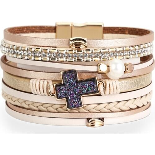 Multi-Layer Leather Wrap Bracelet Boho Braided Cuff Bangle Crystal Bead Bracelets Rhinestone Magnetic Clasp Bracelet for Women