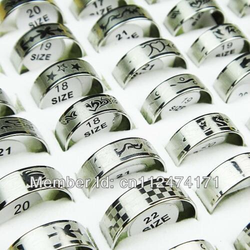 Mens Jewelry 50pcs Mix Style Silver Stainless Steel Rings for Women Mens Wholesale Jewelry Lots B336