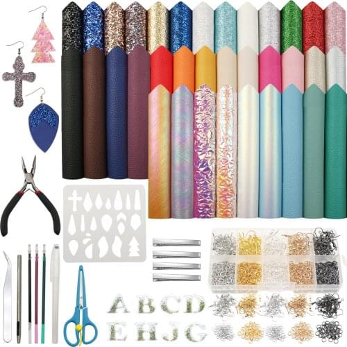 35pcs Faux Leather Earring Making Kit,Including Accessories & Tools Templates,for DIY Faux Leather Bow Earrings Hair Clips Craft