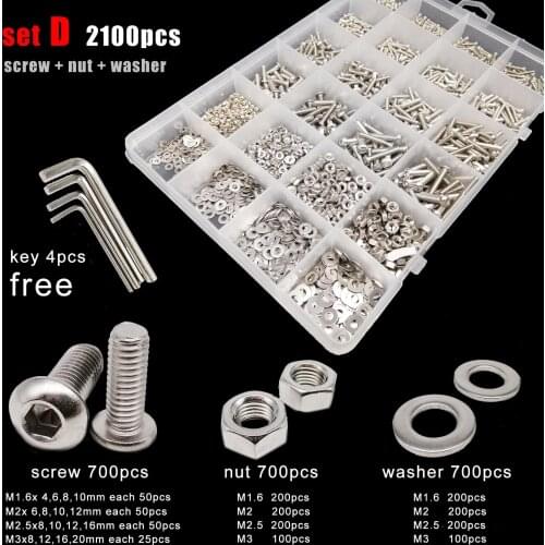 400/2100 M1.6 M2 M2.5 M3 M4 M5 304 Stainless Steel Hexagon Hex Socket Button Round Head Screw Bolt Nut Washer Set Assortment Kit