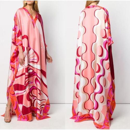 New womens plus fat plus loose Kaftan style, elastic knitting beautiful printing V-Neck long dress